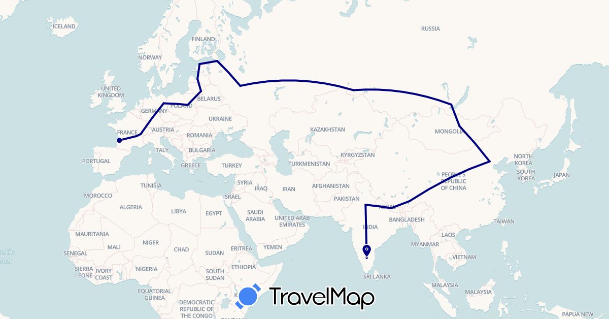 TravelMap itinerary: driving in Switzerland, China, Germany, Estonia, France, India, Lithuania, Latvia, Mongolia, Nepal, Poland, Russia (Asia, Europe)